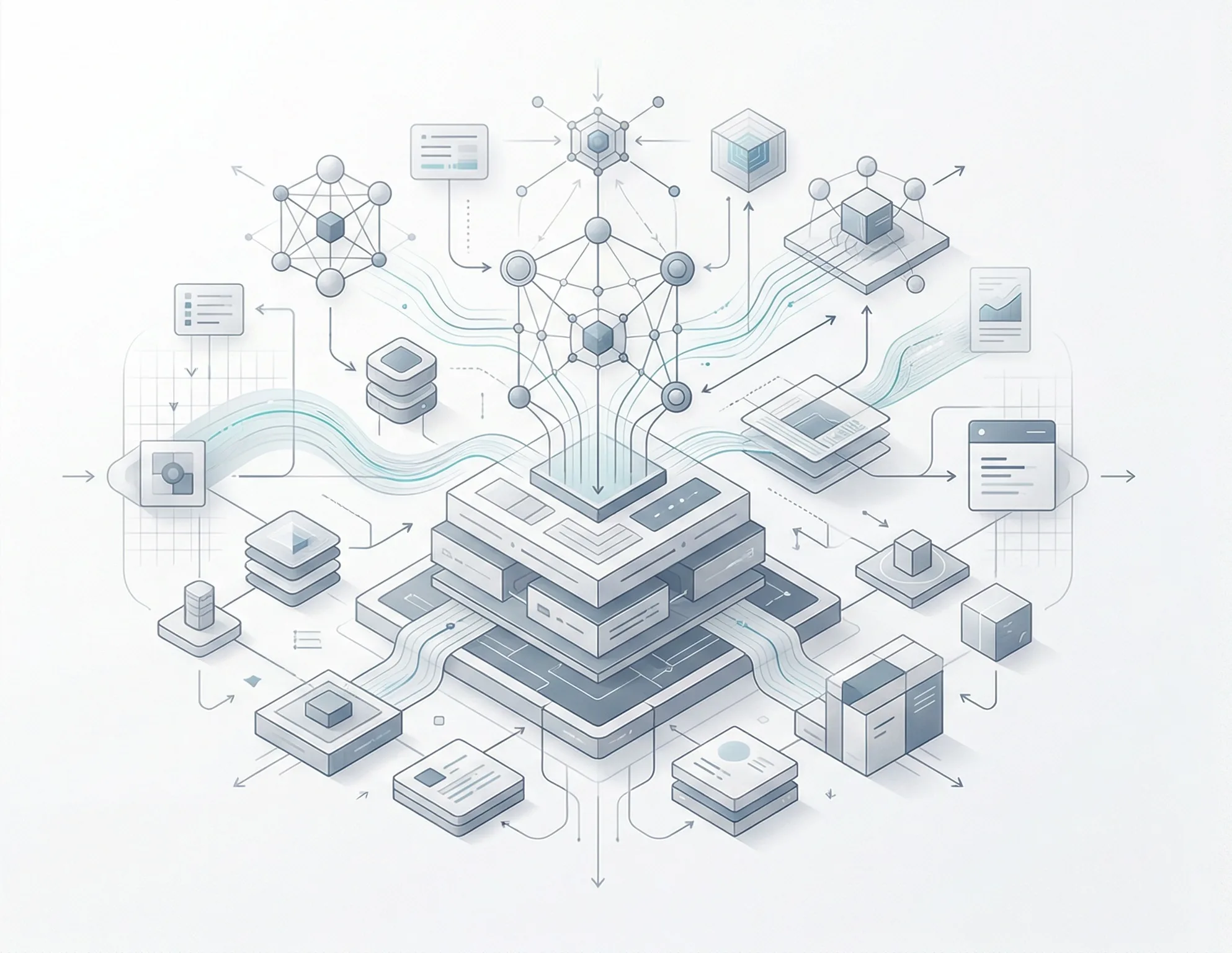 Absztrakt AI rendszer- és workflow illusztráció